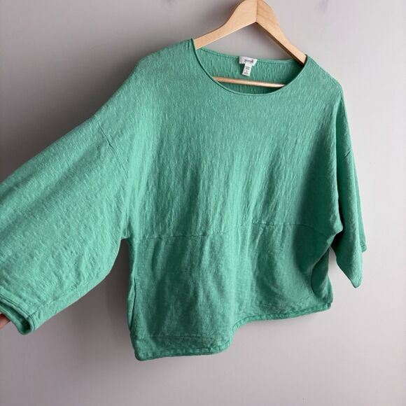 J Jill Sweater XS Petite Women’s Oversize Cotton Linen Boxy Cropped Green Top - Picture 4 of 8